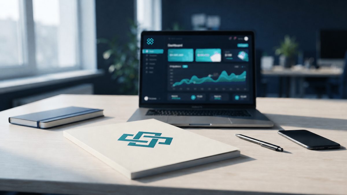Mesa de uma consultoria de software pela manhã: um relatório impresso com a marca do parceiro na capa e, atrás, um notebook exibindo a plataforma de conciliação com a mesma marca aplicada.